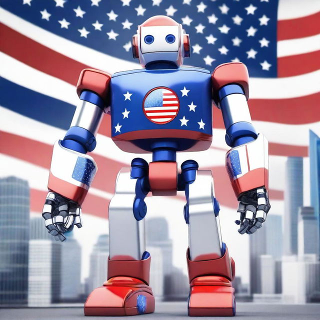 An American-themed robot standing proudly with elements of the American flag integrated into its design