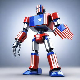 An American-themed robot standing proudly with elements of the American flag integrated into its design