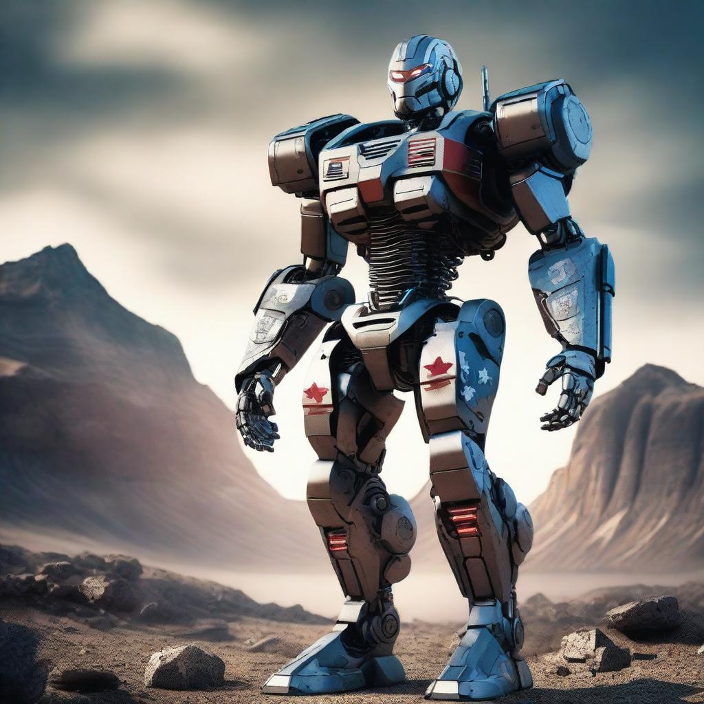 A muscular, army-themed American robot standing in a heroic pose with a cinematic background