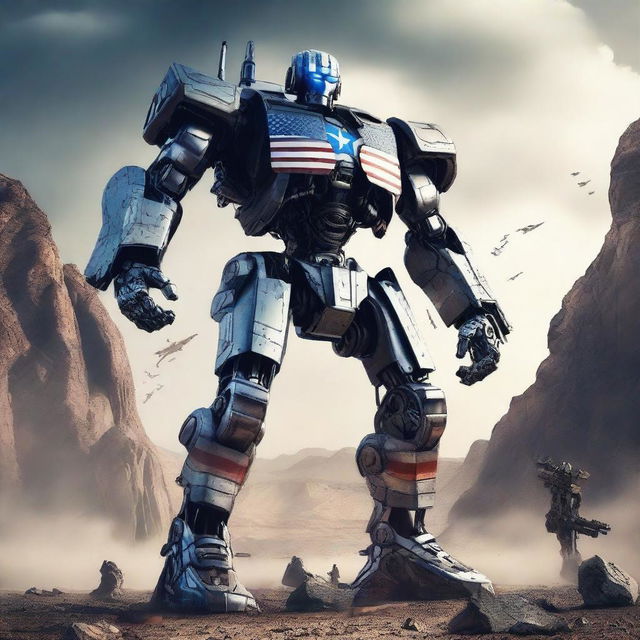 A muscular, army-themed American robot standing in a heroic pose with a cinematic background