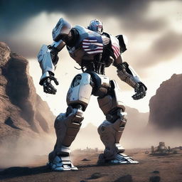 A muscular, army-themed American robot standing in a heroic pose with a cinematic background