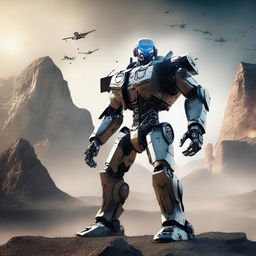 A muscular, army-themed American robot standing in a heroic pose with a cinematic background