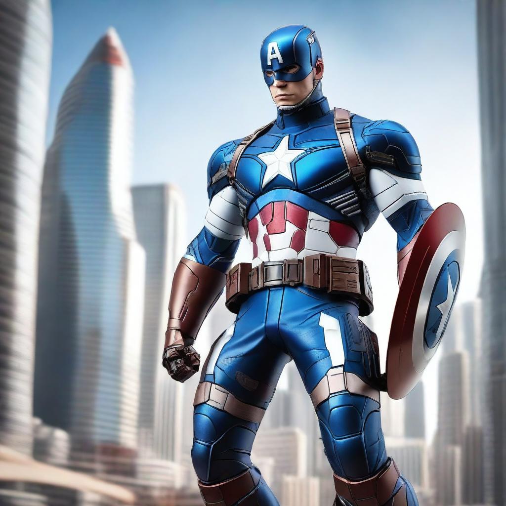 A robotic version of Captain America standing in a powerful pose