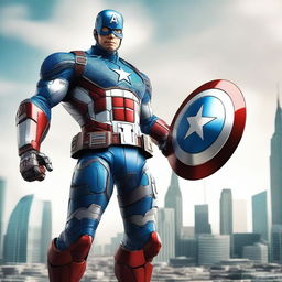 A robotic version of Captain America standing in a powerful pose