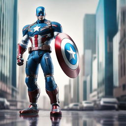 A robotic version of Captain America standing in a powerful pose