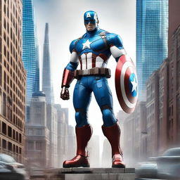 A robotic version of Captain America standing in a powerful pose