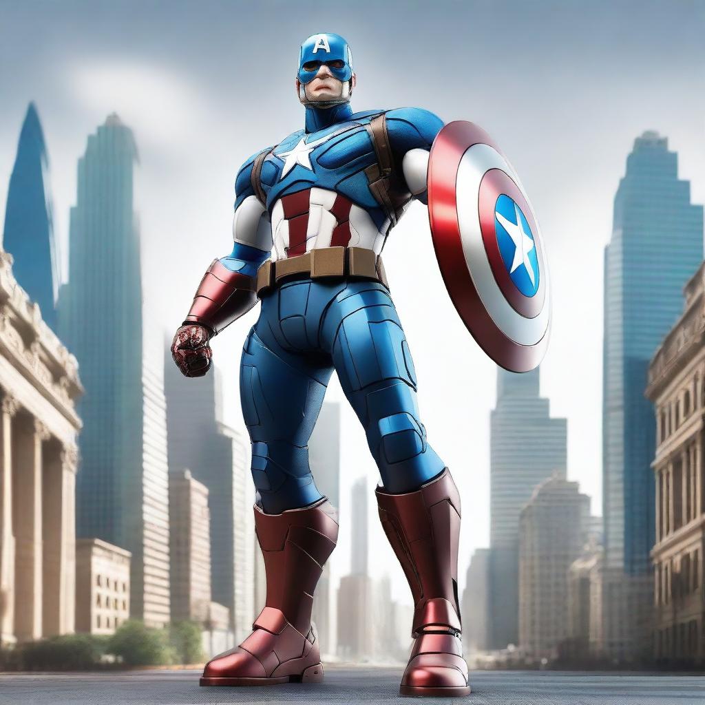 A robot designed to resemble Captain America, standing in a heroic stance