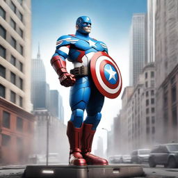 A robot designed to resemble Captain America, standing in a heroic stance