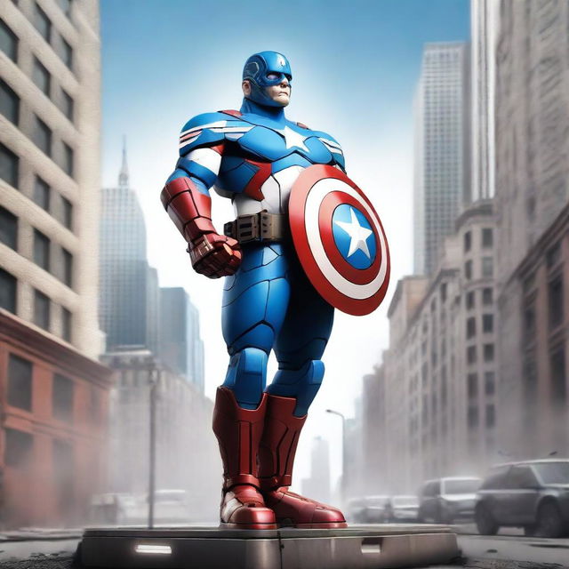 A robot designed to resemble Captain America, standing in a heroic stance