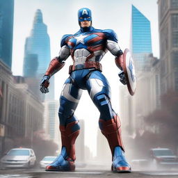 A robot designed to resemble Captain America, standing in a heroic stance