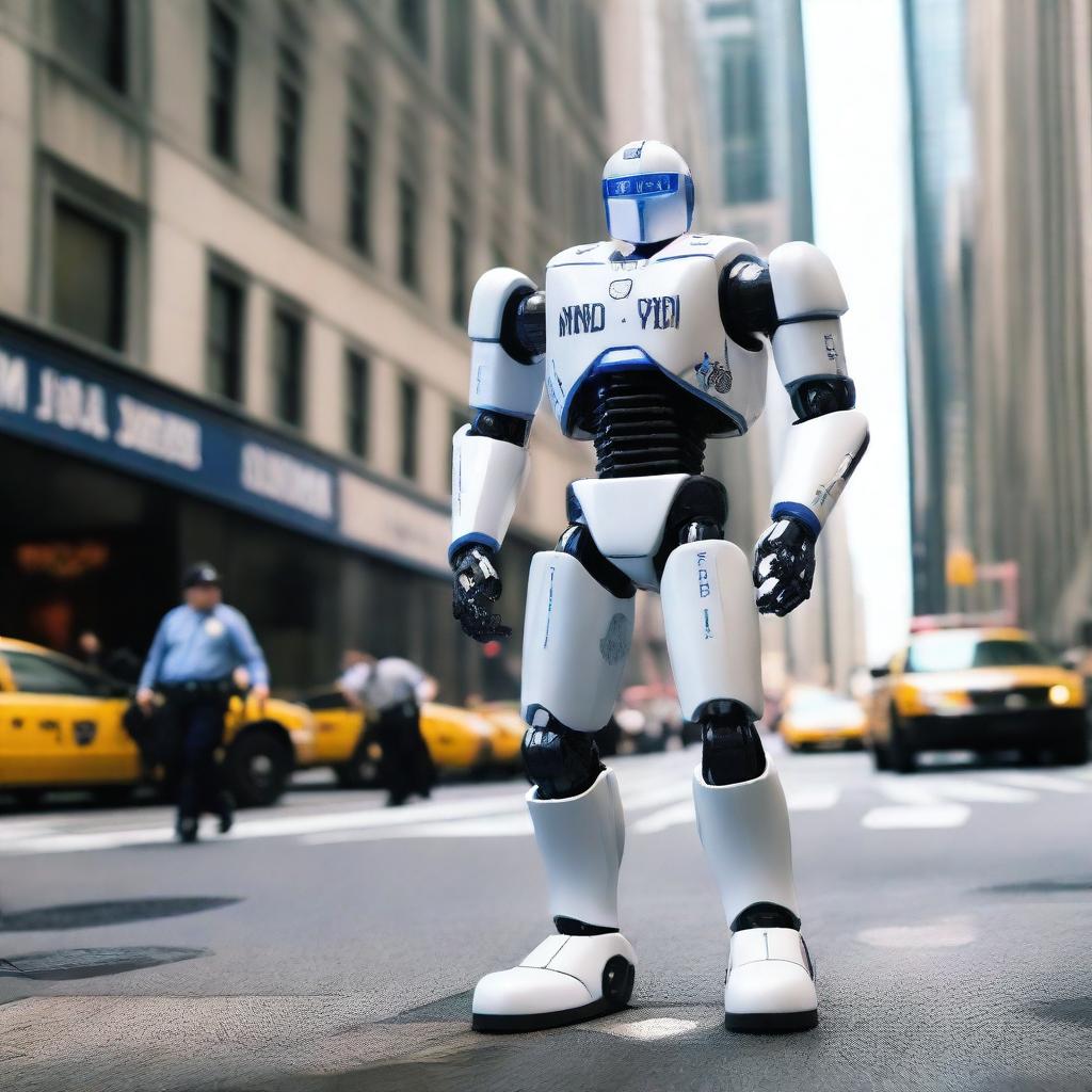 A robot designed to resemble a captain from the NYPD, standing in a commanding pose