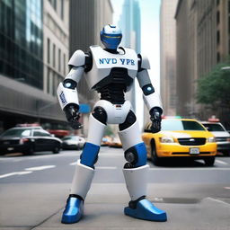 A robot designed to resemble a captain from the NYPD, standing in a commanding pose