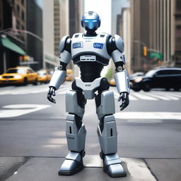 A robot designed to resemble a captain from the NYPD, standing in a commanding pose