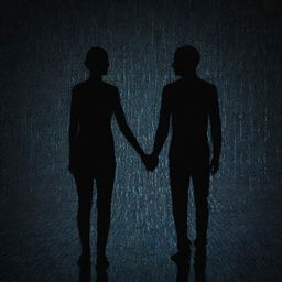 A poignant illustration of a human and an AI figure holding hands, their silhouette against a binary code backdrop embodying human-technology harmony