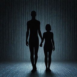 A poignant illustration of a human and an AI figure holding hands, their silhouette against a binary code backdrop embodying human-technology harmony