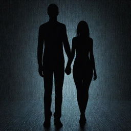 A poignant illustration of a human and an AI figure holding hands, their silhouette against a binary code backdrop embodying human-technology harmony