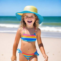 A young girl enjoying a sunny day at the beach, playing in the sand with a bright blue ocean in the background