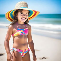 A young girl enjoying a sunny day at the beach, playing in the sand with a bright blue ocean in the background