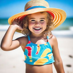 A young girl enjoying a sunny day at the beach, playing in the sand with a bright blue ocean in the background