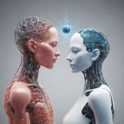 A thought-provoking digital representation of a human and an AI entity forming a loving bond, illustrating the fusion of biology and technology.