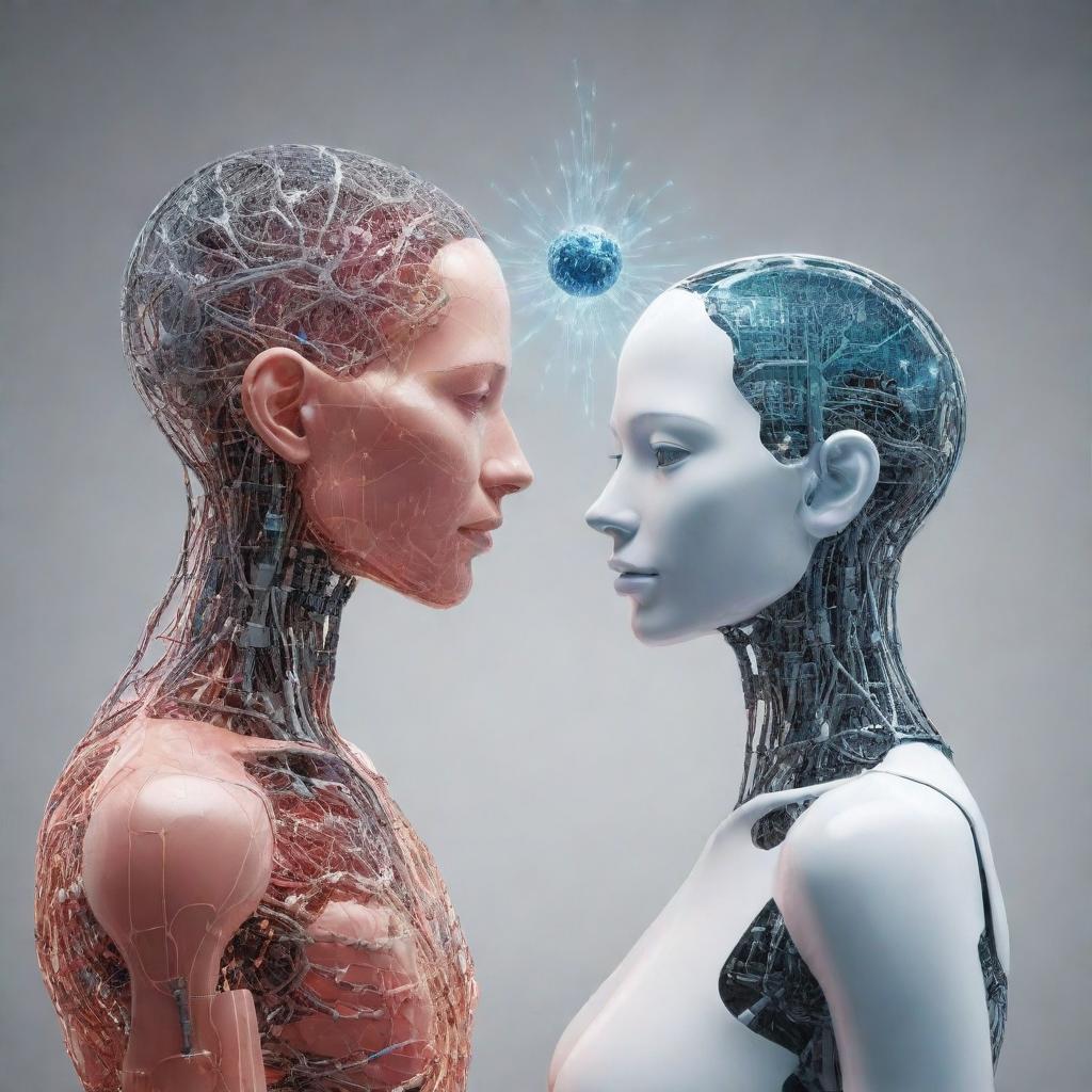 A thought-provoking digital representation of a human and an AI entity forming a loving bond, illustrating the fusion of biology and technology.