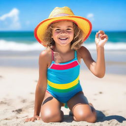 A young girl enjoying a sunny day at the beach, playing in the sand with a bright blue ocean in the background