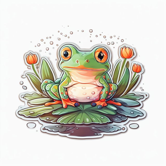 Sticker design of an adorable frog sitting on a lily pad with a cute expression, detailed lily pad, and blooming water lilies