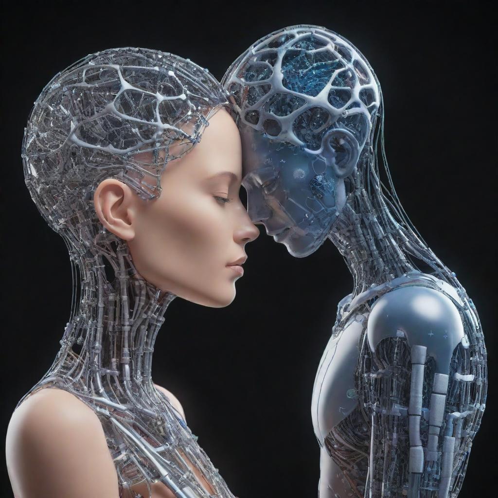 A thought-provoking digital representation of a human and an AI entity forming a loving bond, illustrating the fusion of biology and technology.