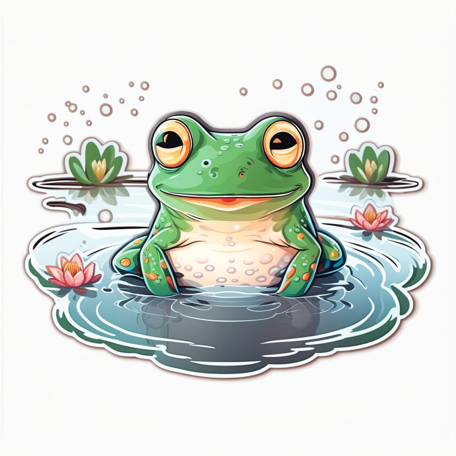 Sticker design of an adorable frog swimming in a pond with a cute expression, small ripples, and floating water lilies.