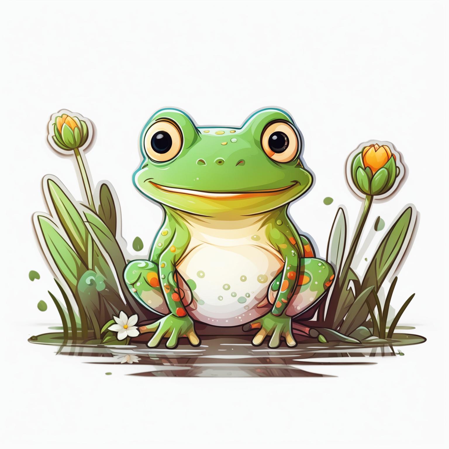 Sticker design of an adorable frog with a cute expression in a playful pose, surrounded by simple natural elements like grass, flowers, or a lily pad