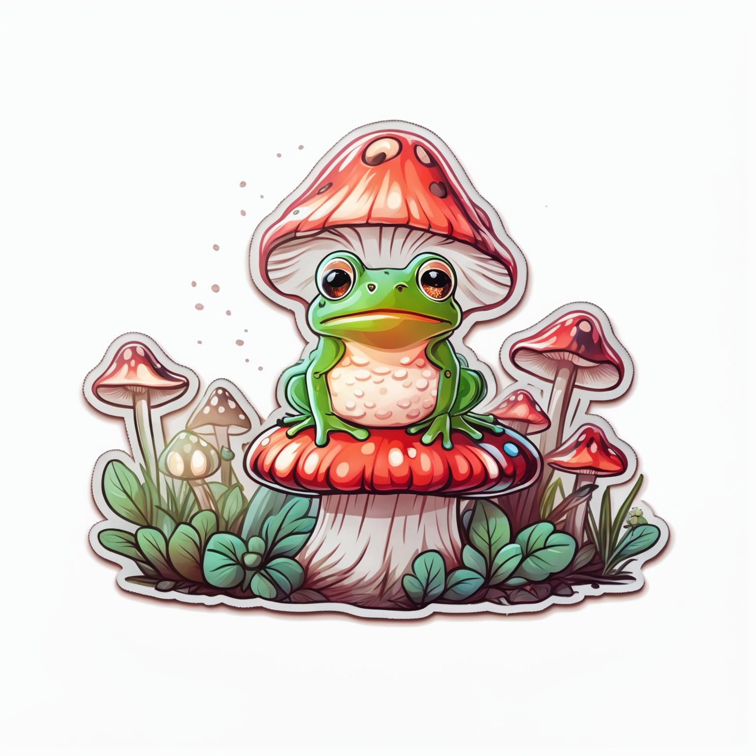 Sticker design of an adorable frog sitting on a mushroom with a cute expression, surrounded by small flowers and grass.