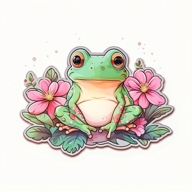 Sticker design of an adorable frog with a cute expression, surrounded by detailed pink flowers and lush green leaves.