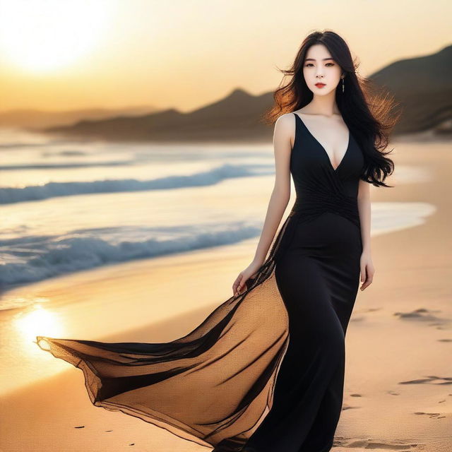 A beautiful Korean woman with long, flowing black hair is standing gracefully in a stunning sexy dress