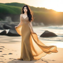 A beautiful Korean woman with long, flowing black hair is standing gracefully in a stunning sexy dress