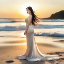 A beautiful Korean woman with long, flowing black hair is standing gracefully in a stunning sexy dress