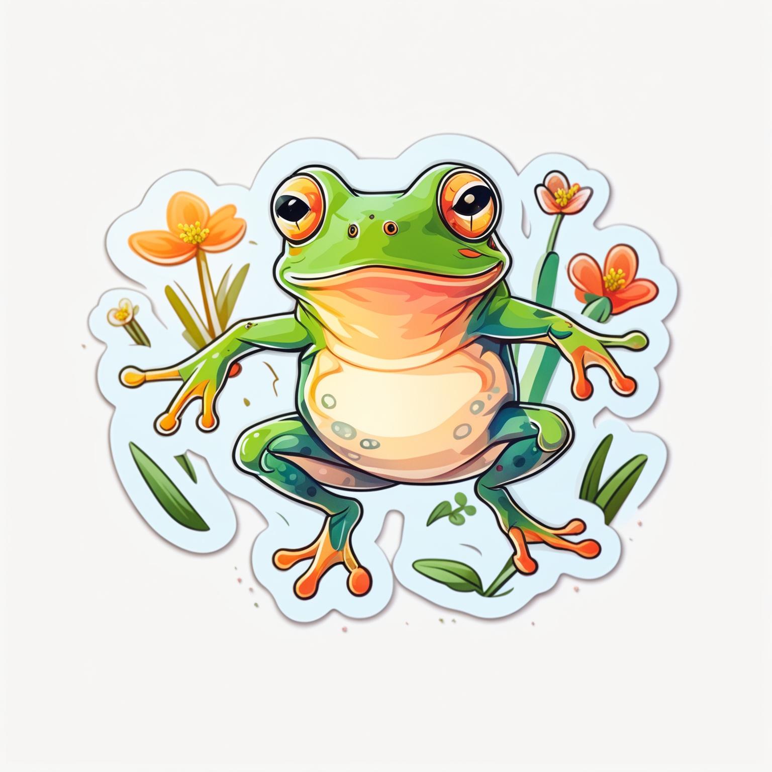 Sticker design of an adorable frog in mid-leap with a cute expression, surrounded by small flowers, grass, and leaves.