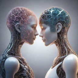 A thought-provoking digital representation of a human and an AI entity forming a loving bond, illustrating the fusion of biology and technology.