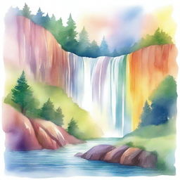 A beautiful rainbow arching over a cascading waterfall, illustrated in a soft watercolor style