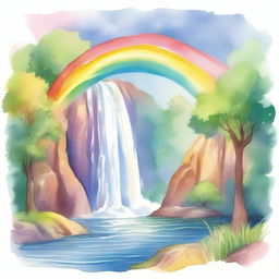 A beautiful rainbow arching over a cascading waterfall, illustrated in a soft watercolor style