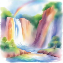 A beautiful rainbow arching over a cascading waterfall, illustrated in a soft watercolor style