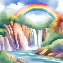 A beautiful rainbow arching over a cascading waterfall, illustrated in a soft watercolor style