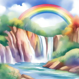 A beautiful rainbow arching over a cascading waterfall, illustrated in a soft watercolor style