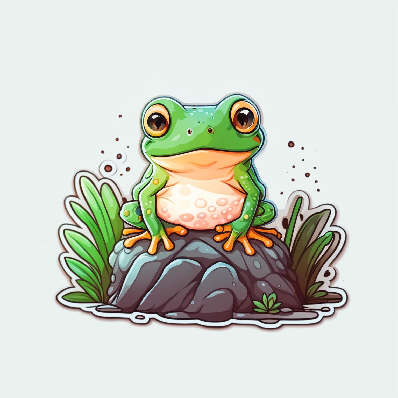Sticker design of an adorable frog sitting on a rock with a cute expression, surrounded by small flowers, grass, and leaves.