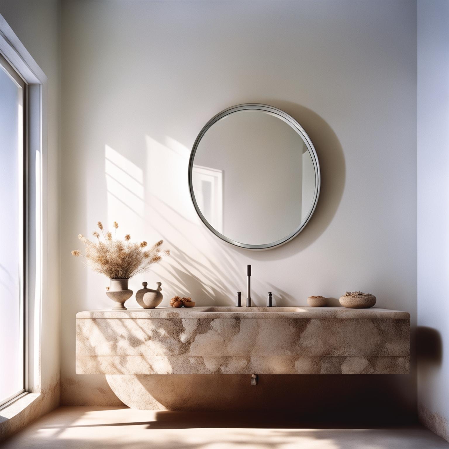 A tranquil bathroom with clean white plaster wall bathed in shards of light casting soft shadows, dainty stone vanity, oval mirror, vase with dried flowers in an architectural elevation.