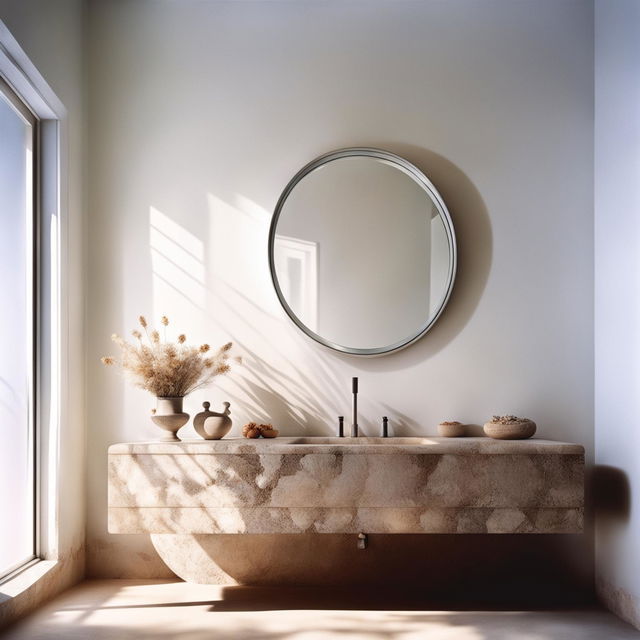 A tranquil bathroom with clean white plaster wall bathed in shards of light casting soft shadows, dainty stone vanity, oval mirror, vase with dried flowers in an architectural elevation.