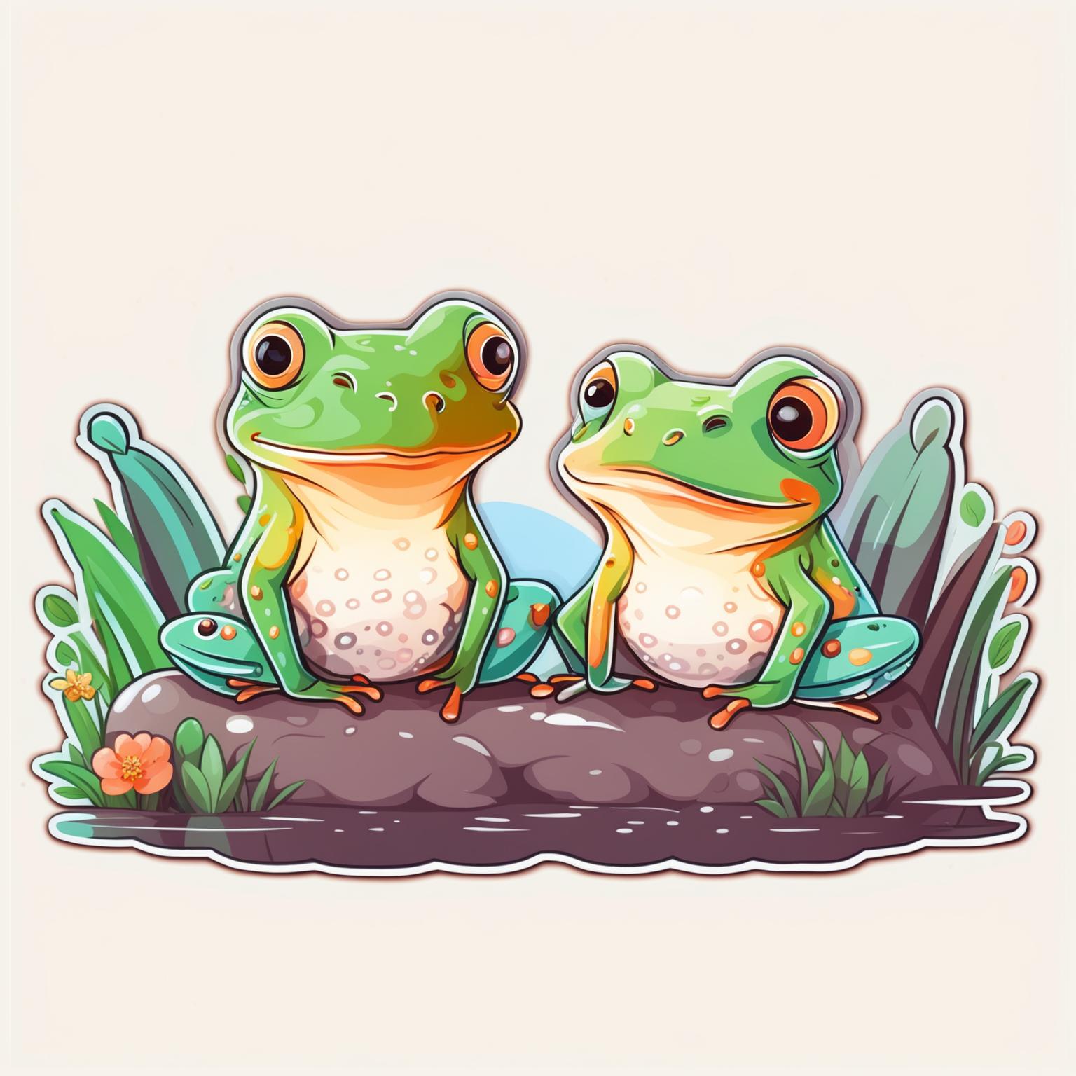 Sticker design of two adorable frogs with cute expressions, interacting playfully, surrounded by small flowers, grass, and leaves