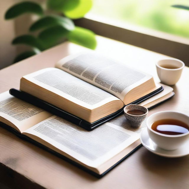 A serene image of an open Bible with highlighted verses, surrounded by a peaceful and calming environment