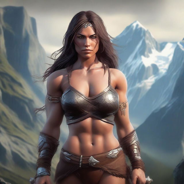 A powerful and alluring barbarian warrior, standing confidently with a fierce expression