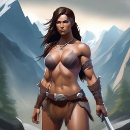 A powerful and alluring barbarian warrior, standing confidently with a fierce expression