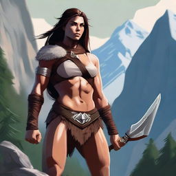 A powerful and alluring barbarian warrior, standing confidently with a fierce expression